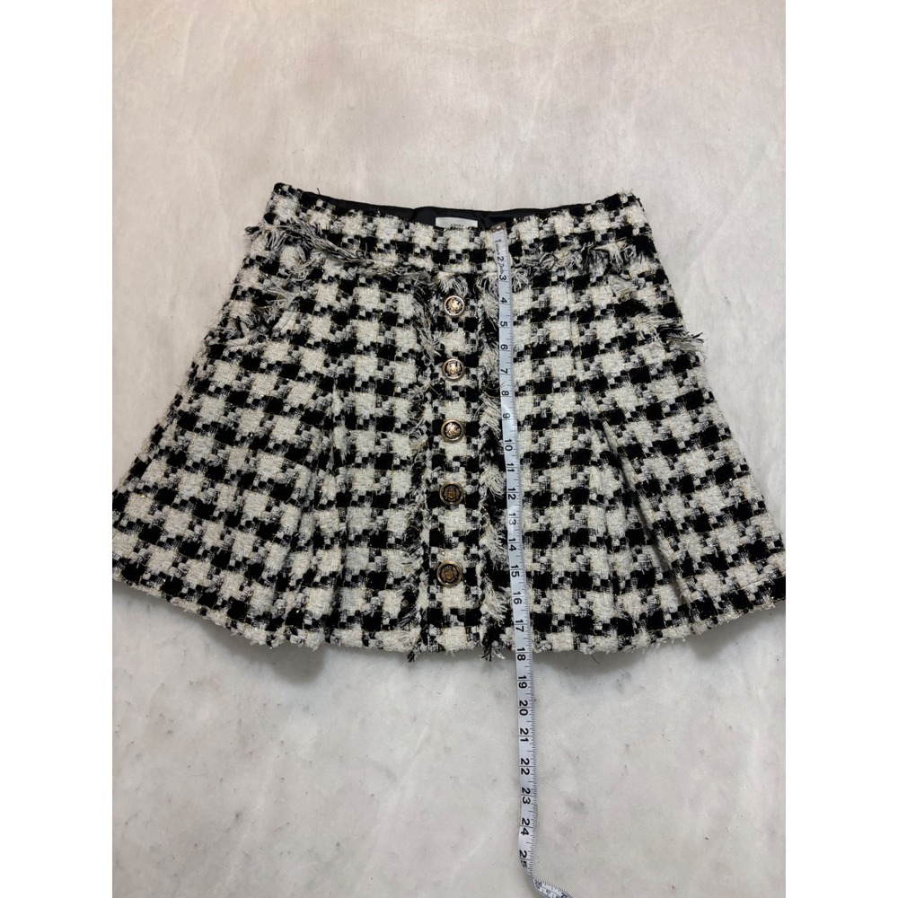 A Loves A Houndstooth Tweed Mini Skirt Black White Gold Metallic Crest Button L - Picture 5 of 11